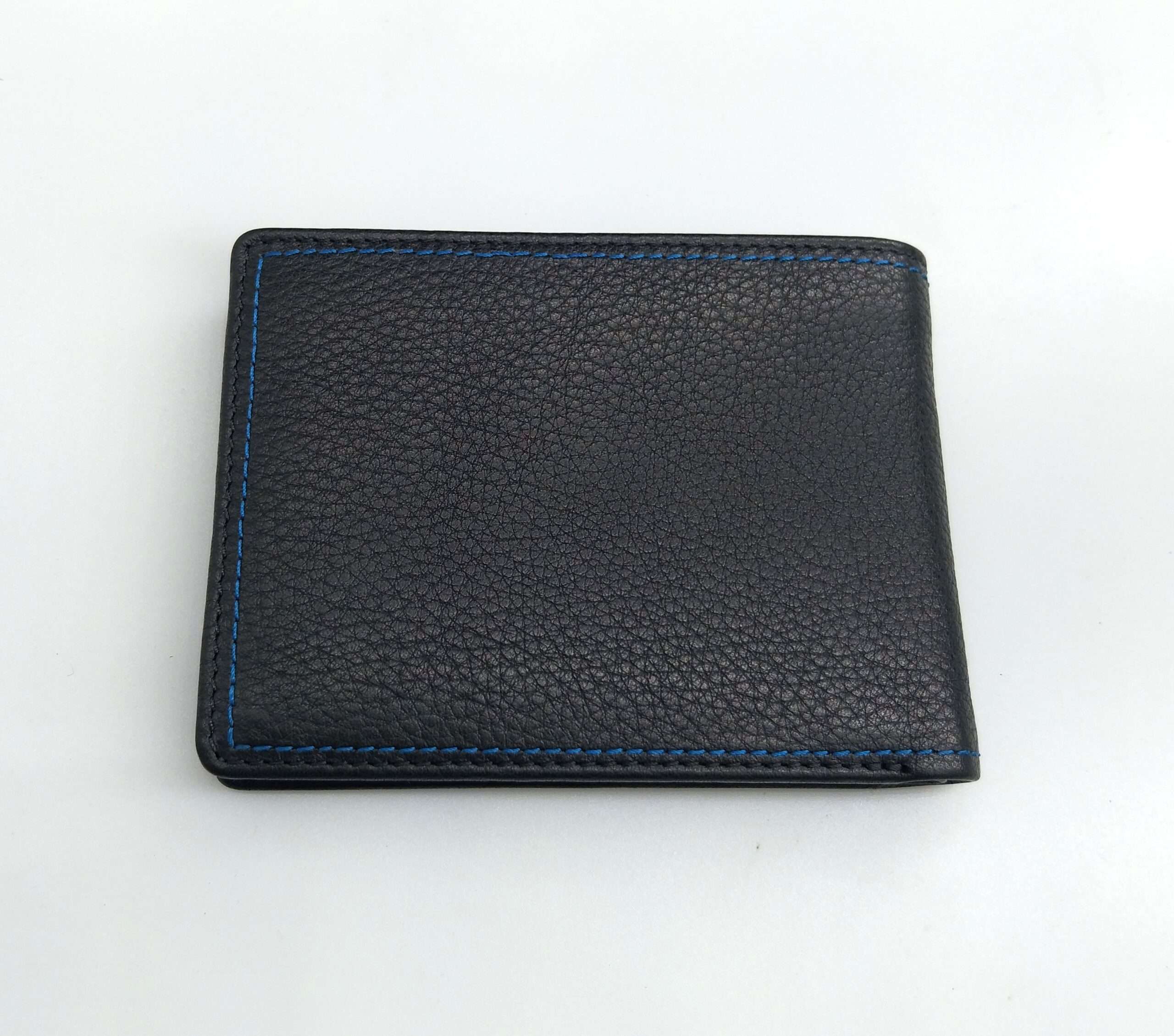 Billetera de piel vacuna para hombre con detalles azules