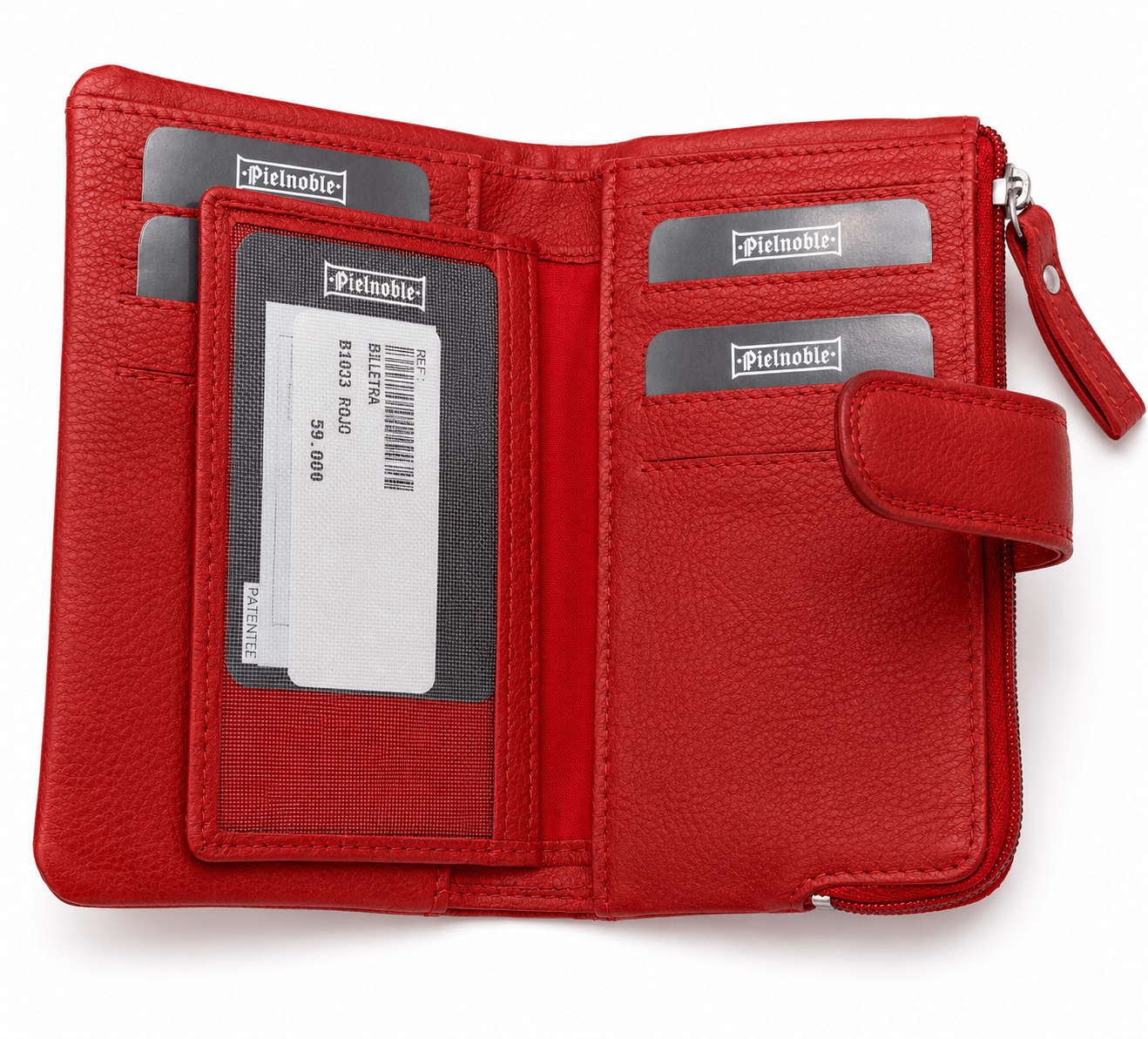 Billetero de piel vacuna RFID para mujer con cierre de seguridad