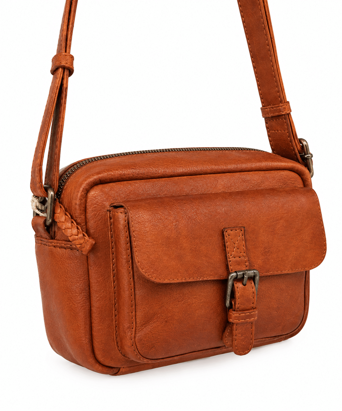 Bolso bandolera de piel vacuna marrón con bolsillo exterior