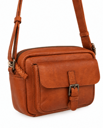 Bolso bandolera de piel vacuna marrón con bolsillo exterior