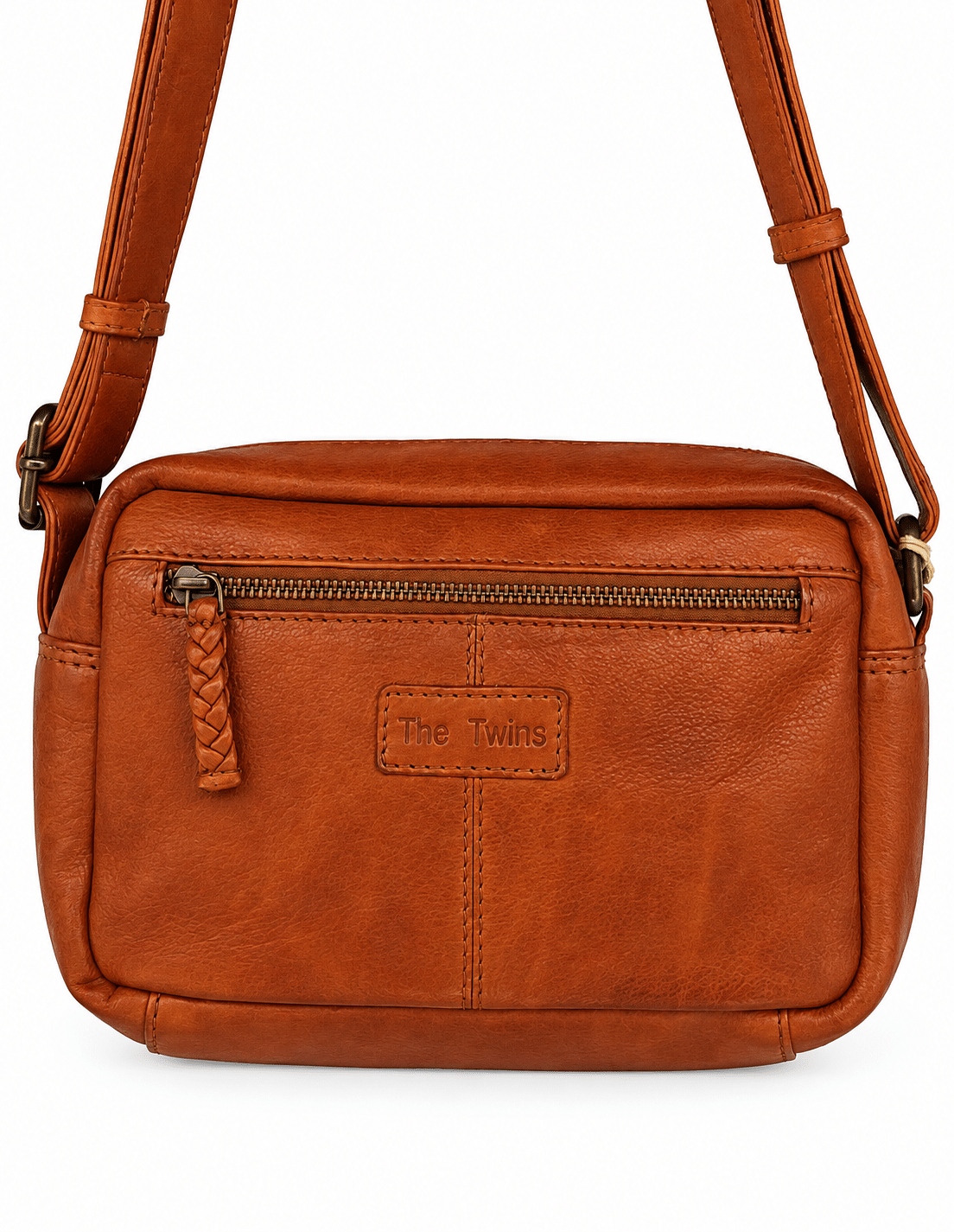 Bolso bandolera de piel vacuna marrón con bolsillo exterior