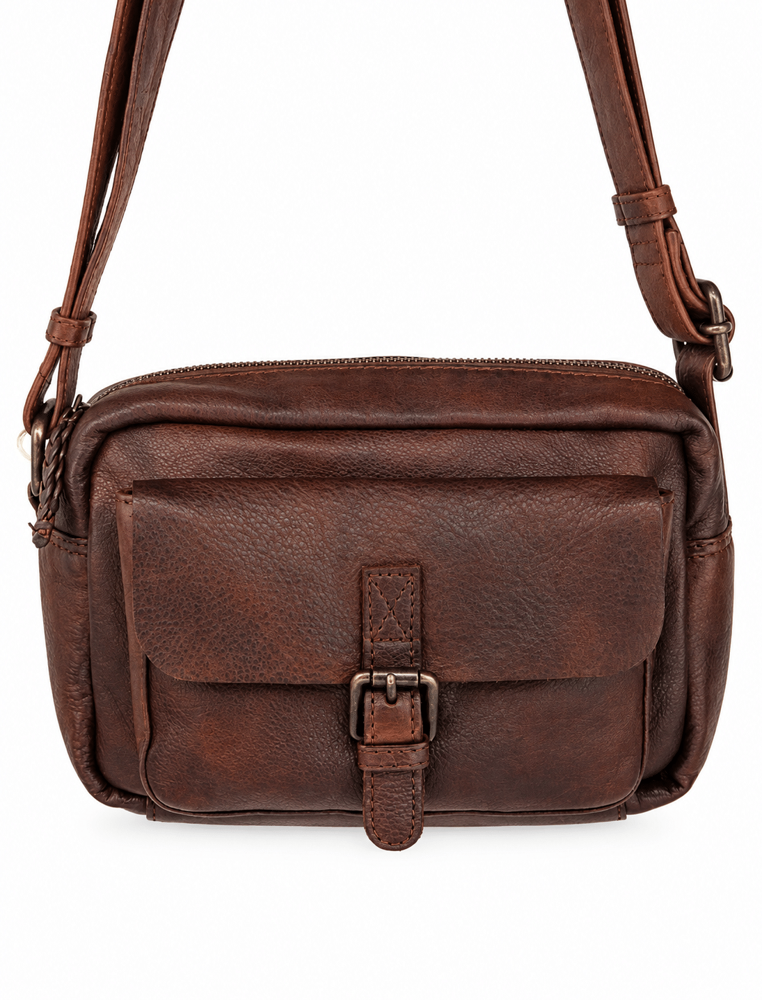 Bolso bandolera de piel vacuna marrón con bolsillo exterior