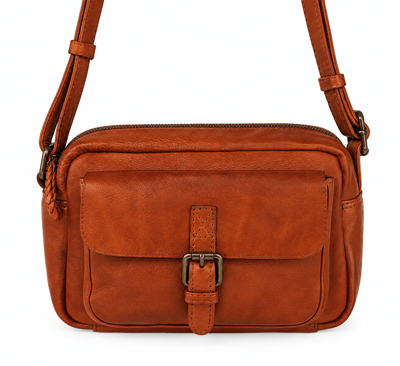 Bolso bandolera de piel vacuna marrón con bolsillo exterior